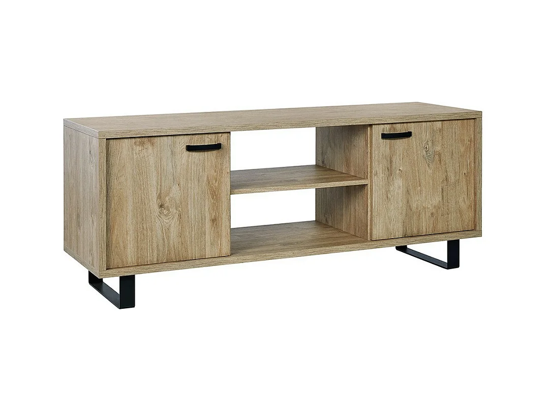 Meuble TV NEWTON – Chêne doré avec 2 portes, 2 tiroirs et niches – L170 x H68 x P50 cm