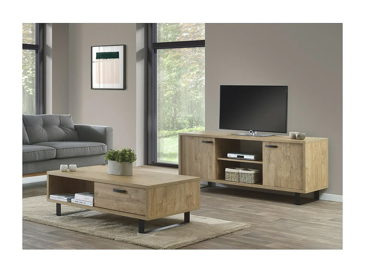 Meuble TV NEWTON – Chêne doré avec 2 portes, 2 tiroirs et niches – L170 x H68 x P50 cm