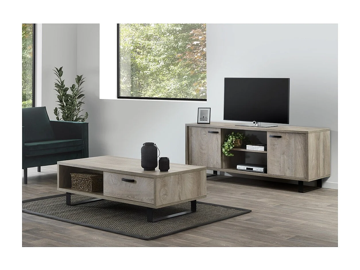 Mobile TV 170cm colore rovere chiaro con 2 cassetti e 2 vani collezione NEWTON. Piedi in metallo.
