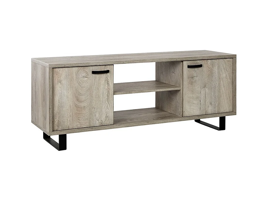 Tv-meubel 170cm in lichte eikenkleur met 2 laden en 2 vakken collectie NEWTON. Metalen poten.