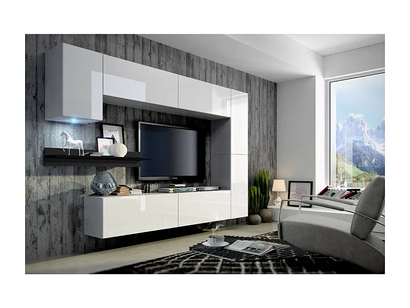 Conjunto de muebles de salón blancos suspendidos colección CEPTO VI 256 cm, 7 puertas, estantería mural negra, LEDs, modulables.