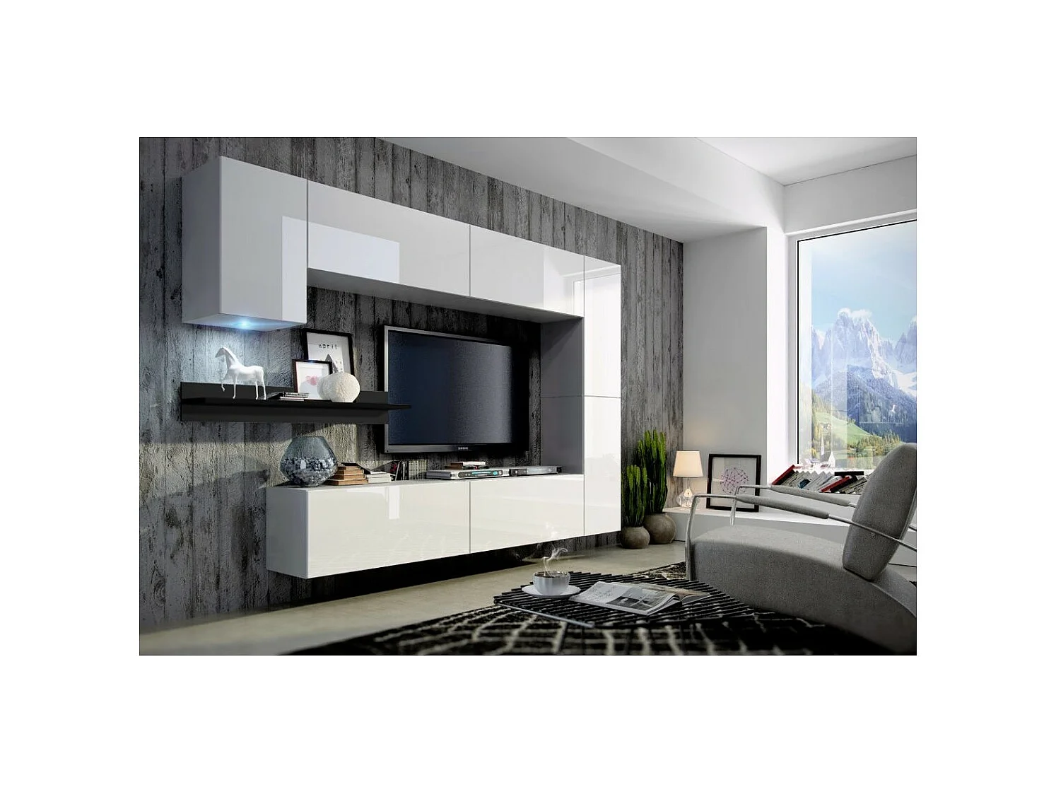 Conjunto de muebles de salón blancos suspendidos colección CEPTO VI 256 cm, 7 puertas, estantería mural negra, LEDs, modulables.