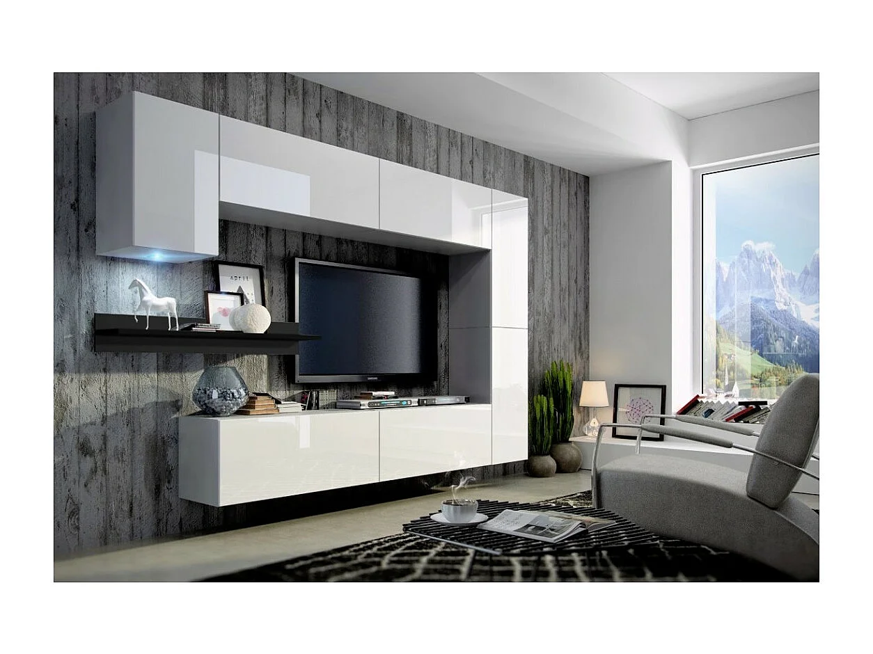 Witte zwevende woonkamermeubelset uit de CEPTO VI collectie 256 cm, 7 deuren, zwarte wandplank, LED''s, modulair