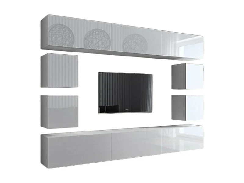 Weiße hängende Wohnzimmermöbelset CEPTO XVII 249cm, 10 Möbelstücke, LED, modulierbar.