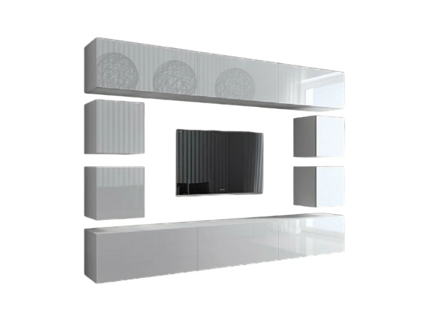 Ensemble de meubles de salon blanc suspendus collection CEPTO XVII 249cm, 10 meubles, leds, modulables.