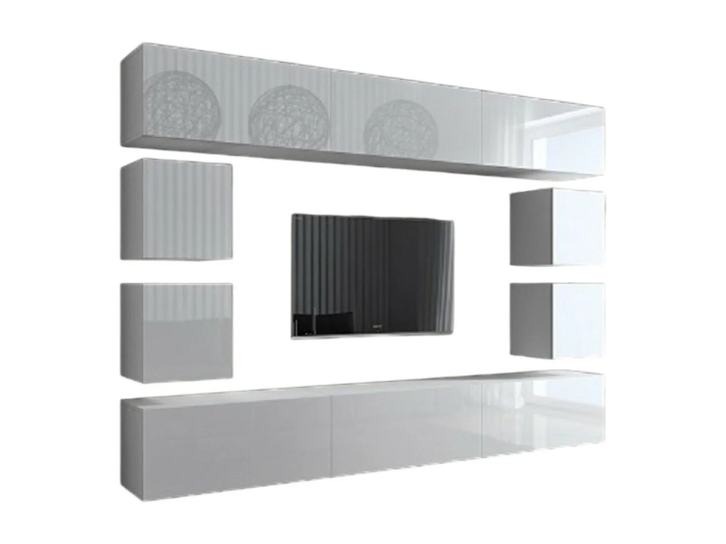 Conjunto de móveis de sala de estar brancos suspensos coleção CEPTO XVII 249cm, 10 móveis, LEDs, modulares.