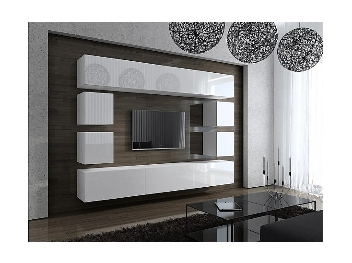 Conjunto de móveis de sala de estar brancos suspensos coleção CEPTO XVII 249cm, 10 móveis, LEDs, modulares.