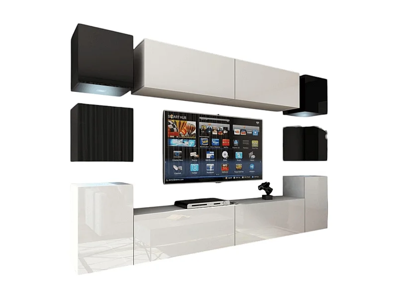 Conjunto de muebles de salón blanco y negro colgantes colección CEPTO XIV 256 cm, 10 muebles, LEDs, cubo negro