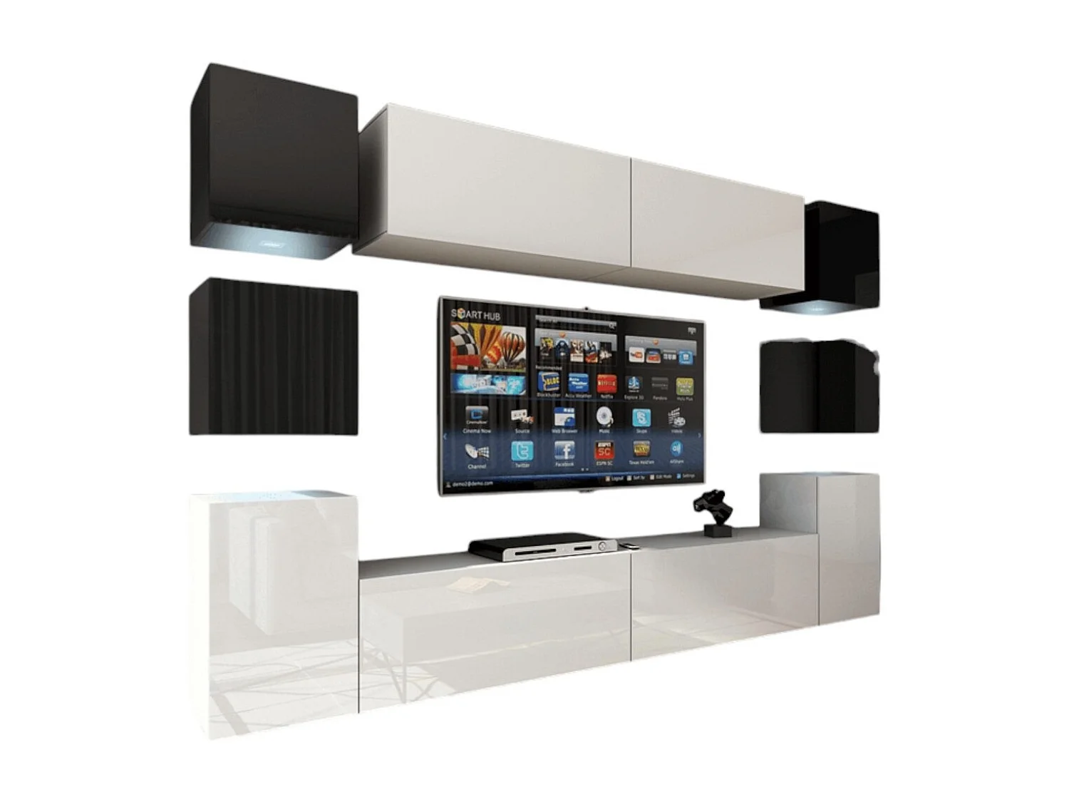 Conjunto de muebles de salón blanco y negro colgantes colección CEPTO XIV 256 cm, 10 muebles, LEDs, cubo negro