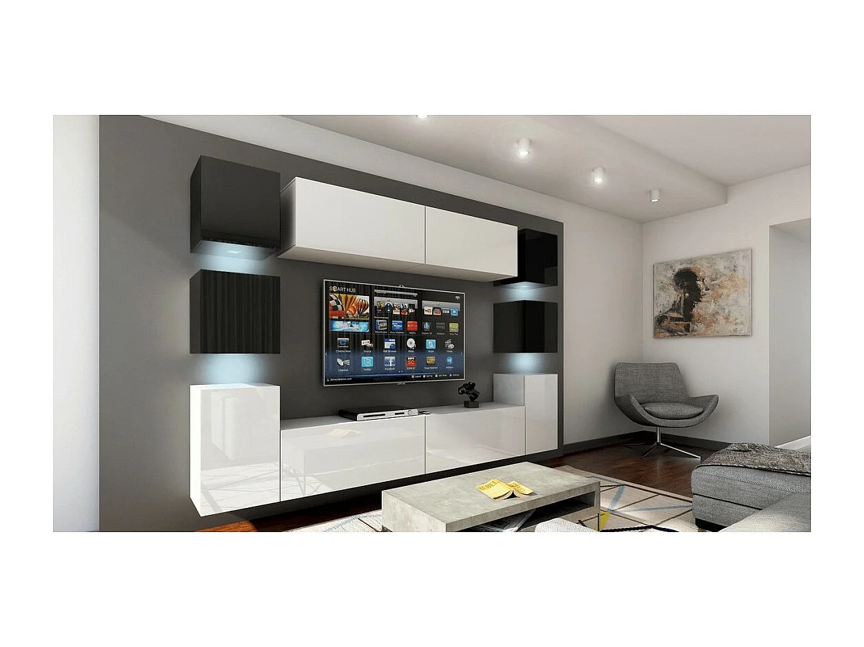 Conjunto de muebles de salón blanco y negro colgantes colección CEPTO XIV 256 cm, 10 muebles, LEDs, cubo negro