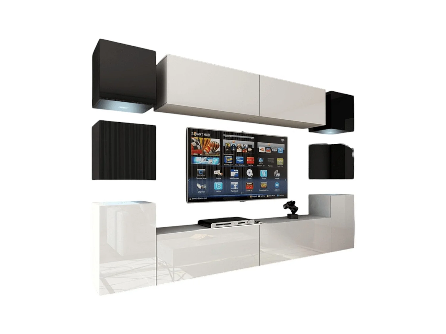 Ensemble meubles de salon blanc et noir suspendus collection CEPTO XIV 256 cm, 10 meubles, LEDs, cube noir