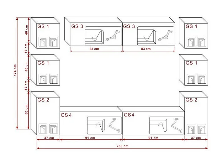 Ensemble meubles de salon blanc et noir suspendus collection CEPTO XIV 256 cm, 10 meubles, LEDs, cube noir