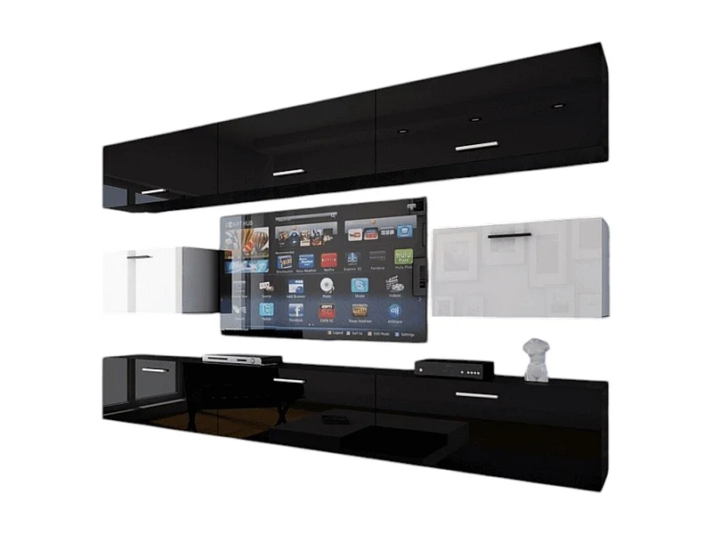 Set aus schwarz-weißen Wohnzimmermöbeln, hängend, Kollektion CEPTO VII, 249 cm, 8 Türen, modulierbar.