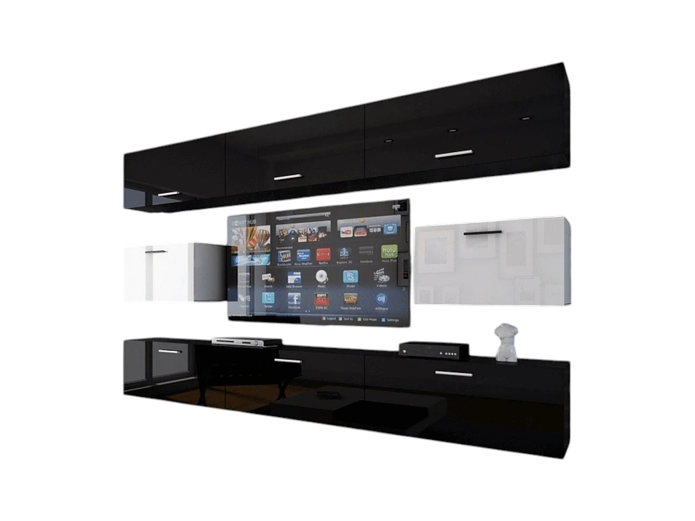 Ensemble de meubles de salon noir et blanc suspendus collection CEPTO VII 249cm, 8 portes, modulables.