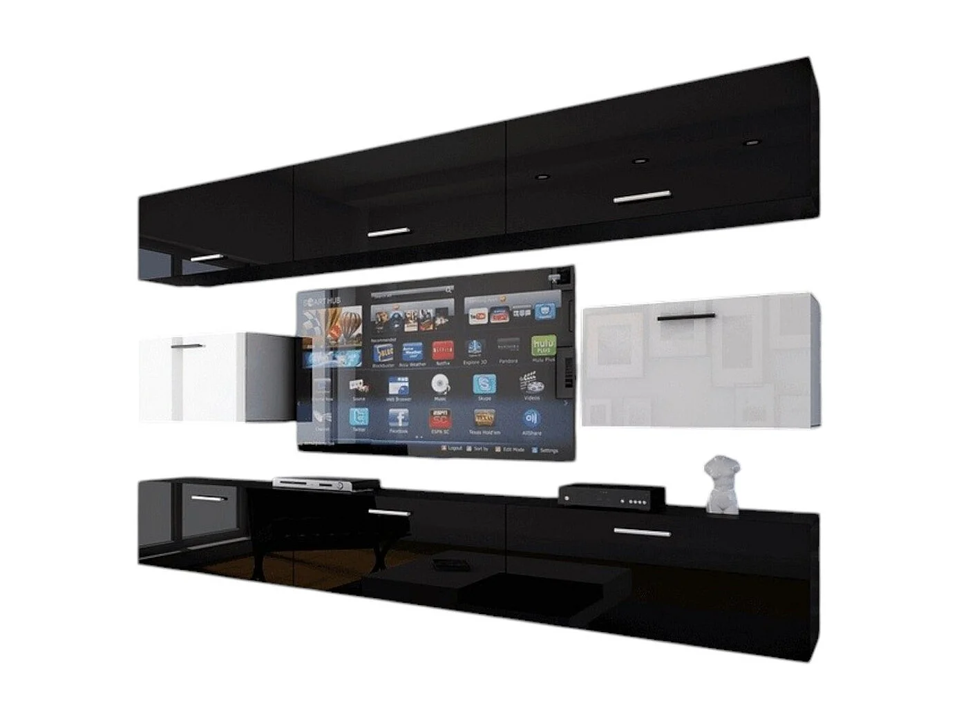 Ensemble de meubles de salon noir et blanc suspendus collection CEPTO VII 249cm, 8 portes, modulables.