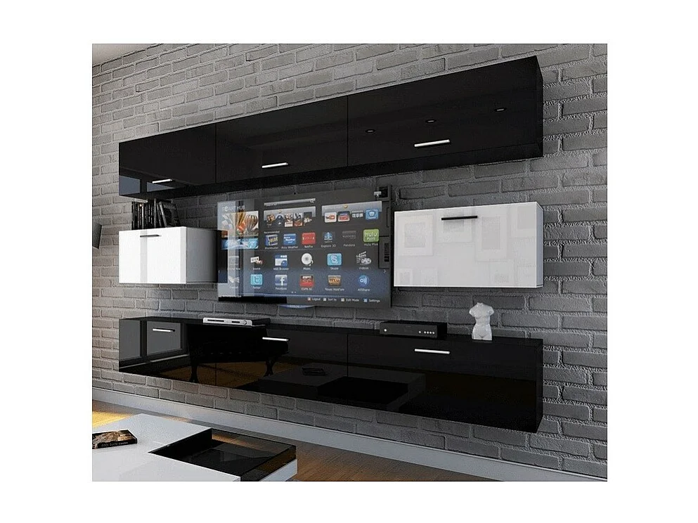 Ensemble de meubles de salon noir et blanc suspendus collection CEPTO VII 249cm, 8 portes, modulables.