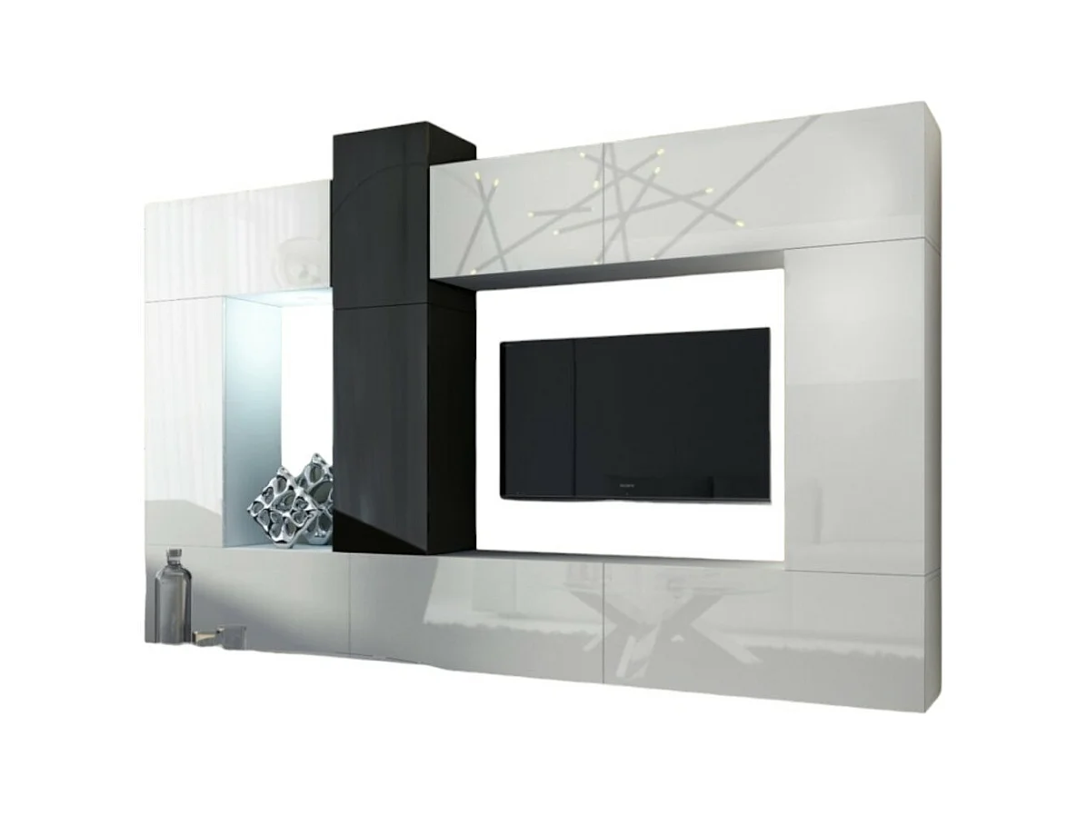Ensemble de meubles de salon blanc et noir suspendus collection CEPTO XXII. 273cm, 10 meubles, leds, modulables.