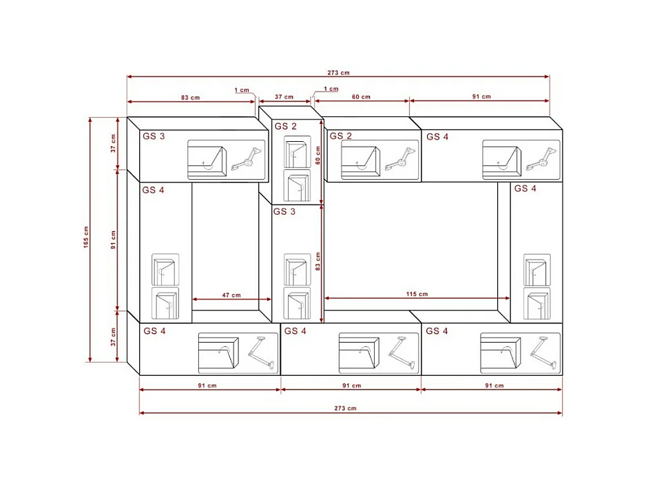 Conjunto de móveis para sala de estar branco e preto da coleção CEPTO XXII. 273cm, 10 peças, LEDs, modulares.