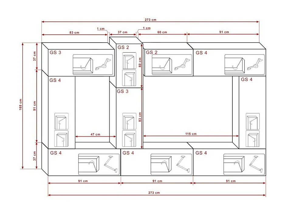 Conjunto de muebles de sala blancos y negros colgantes colección CEPTO XXII. 273cm, 10 muebles, leds, modulares.
