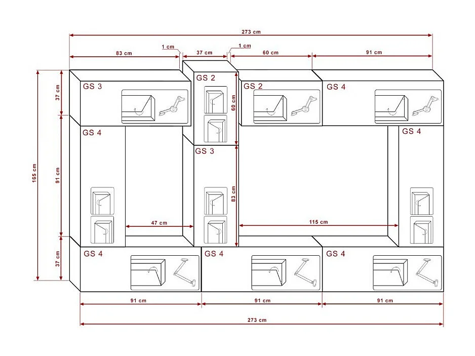 Ensemble de meubles de salon blanc et noir suspendus collection CEPTO XXII. 273cm, 10 meubles, leds, modulables.
