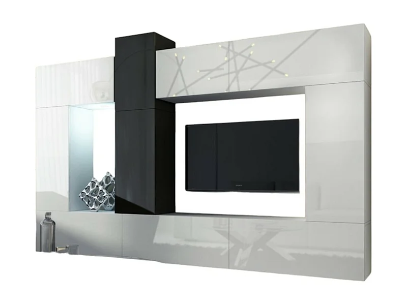 Ensemble de meubles de salon blanc et noir suspendus collection CEPTO XXII. 273cm, 10 meubles, leds, modulables.