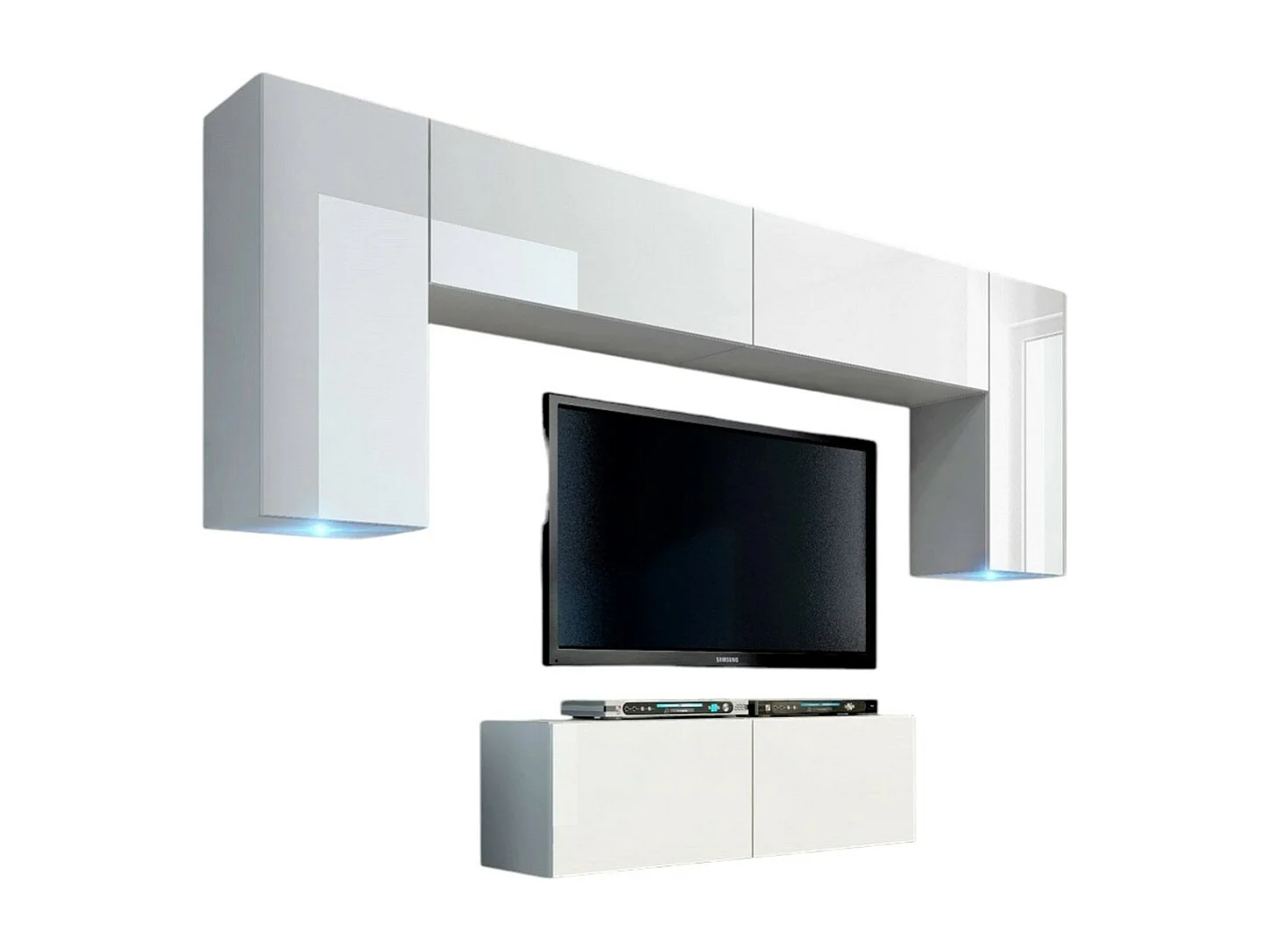 Ensemble de meubles de salon blanc suspendus collection CEPTO II 256cm, 6 portes, 4 étagères, leds, modulables.