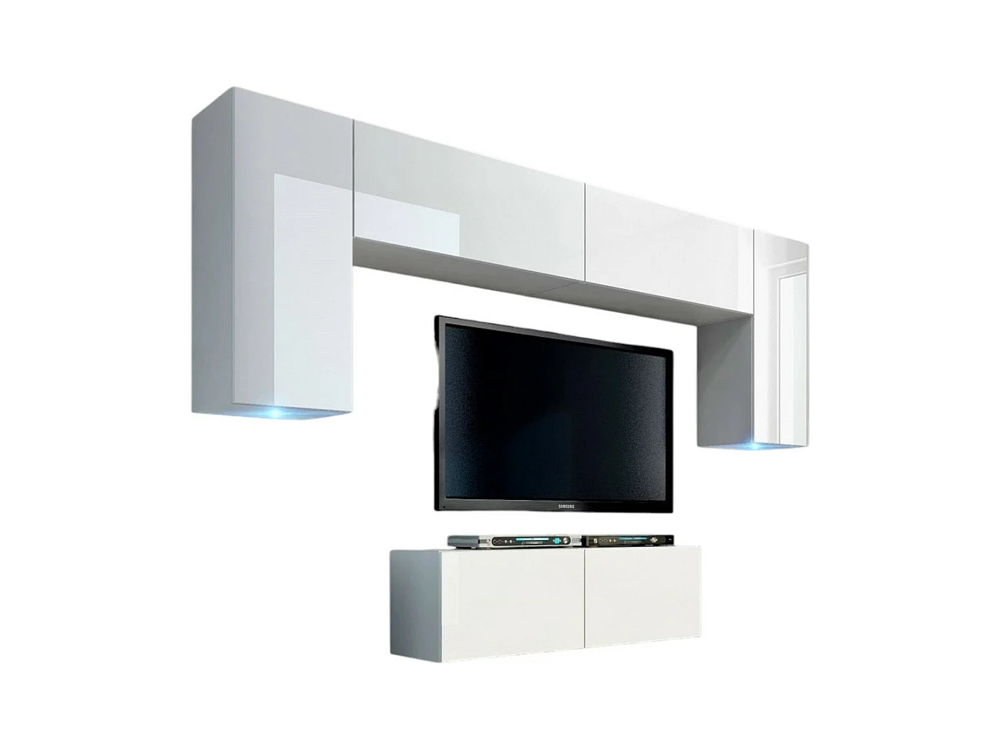 Witte, hangende woonkamer meubelset uit de CEPTO II collectie, 256cm, 6 deuren, 4 planken, leds, modulair.