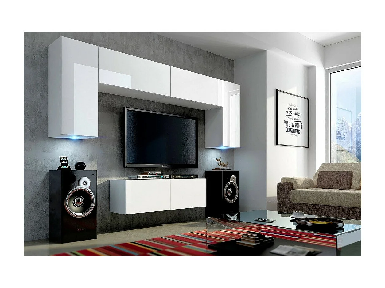 Witte, hangende woonkamer meubelset uit de CEPTO II collectie, 256cm, 6 deuren, 4 planken, leds, modulair.