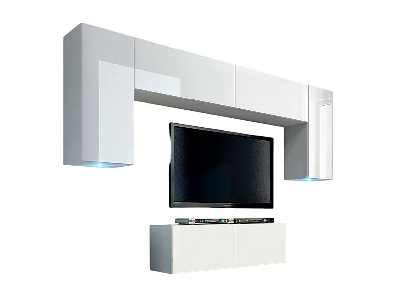 Ensemble de meubles de salon blanc suspendus collection CEPTO II 256cm, 6 portes, 4 étagères, leds, modulables.