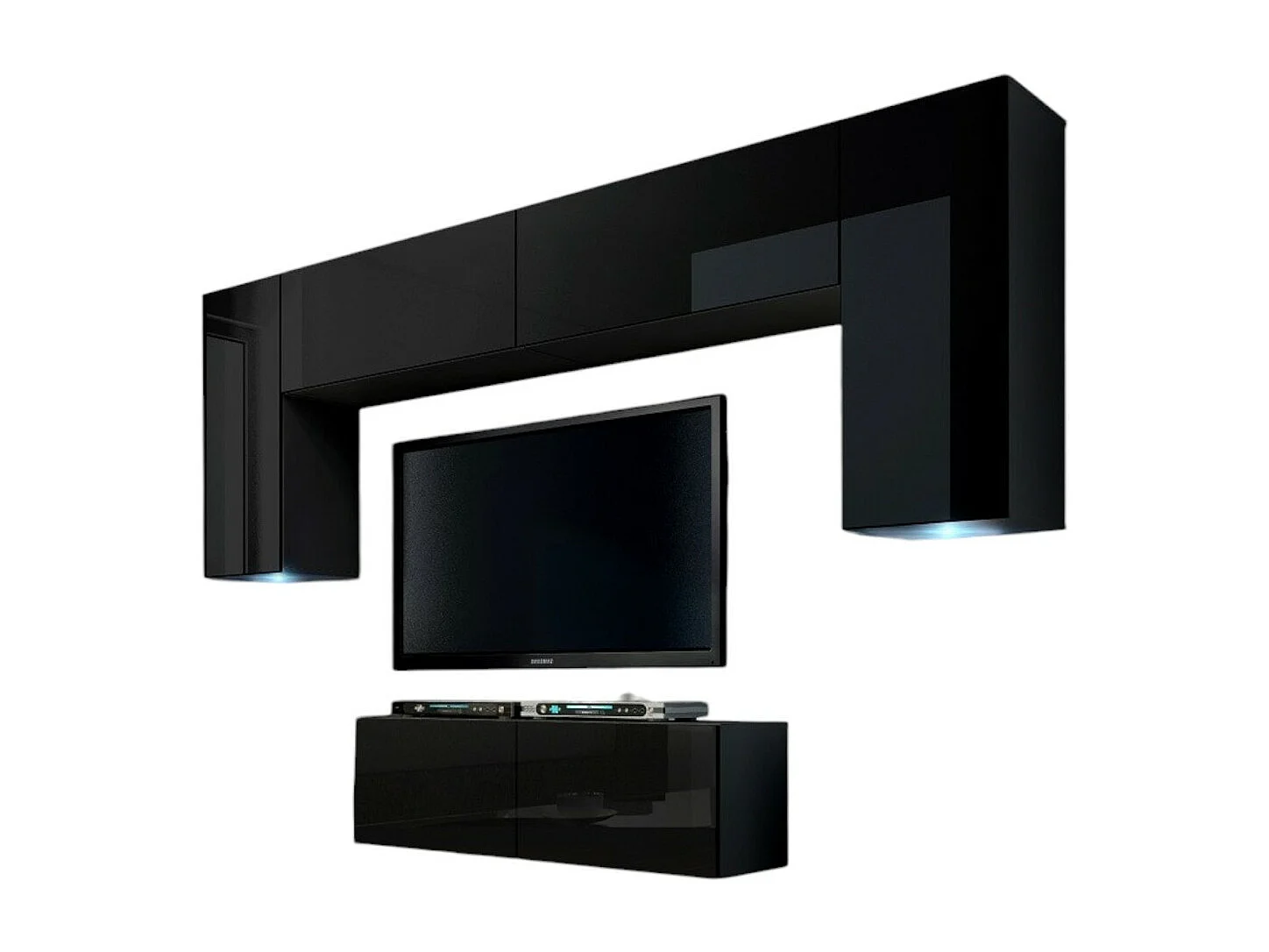 Schwarze Wohnzimmermöbel-Sets aus der Kollektion CEPTO II, 256 cm, mit 6 Türen, 4 Regalen, LED-Beleuchtung, modular.