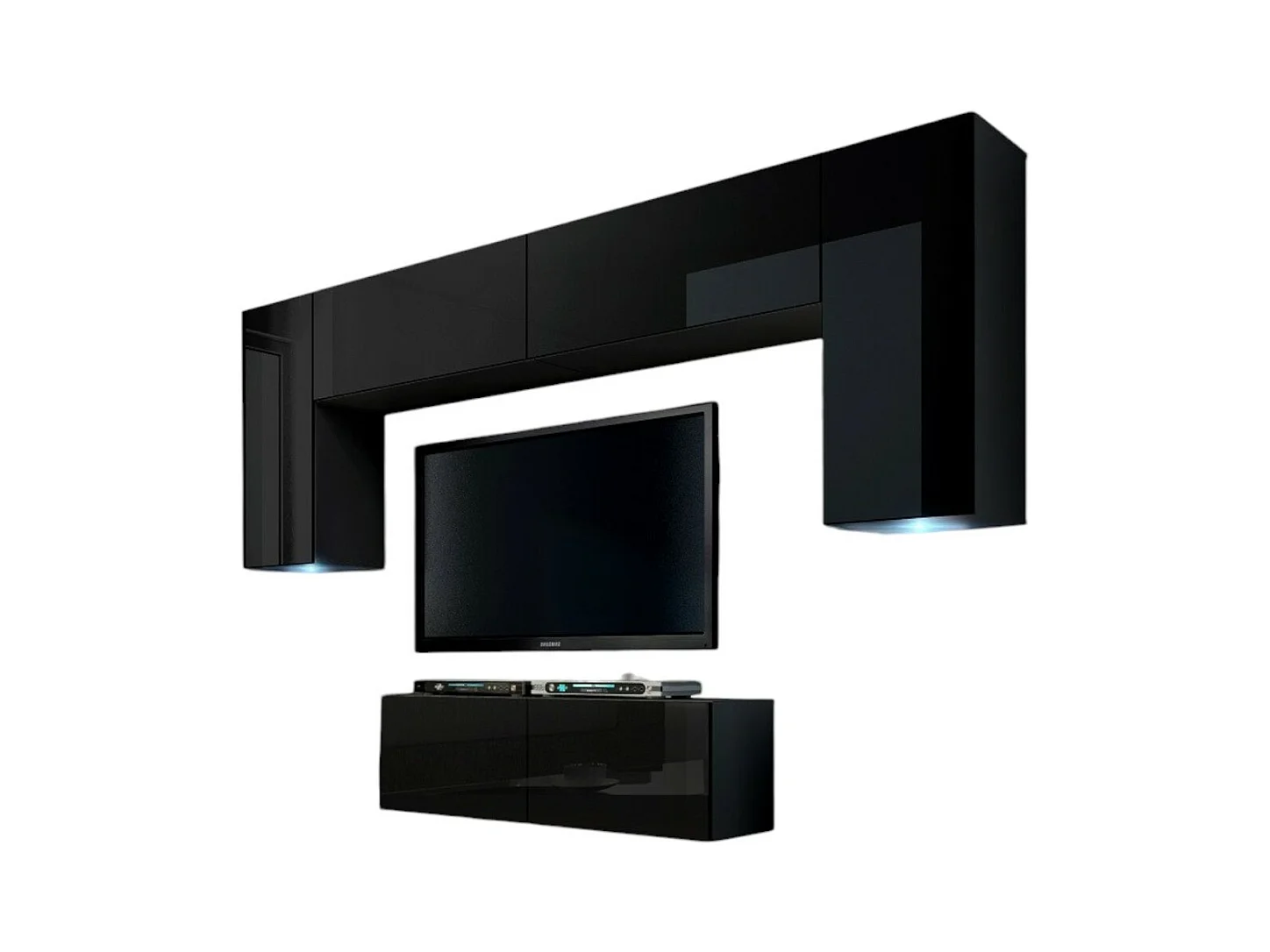 Ensemble de meubles de salon noir suspendus collection CEPTO II 256cm, 6 portes, 4 étagères, leds, modulables.