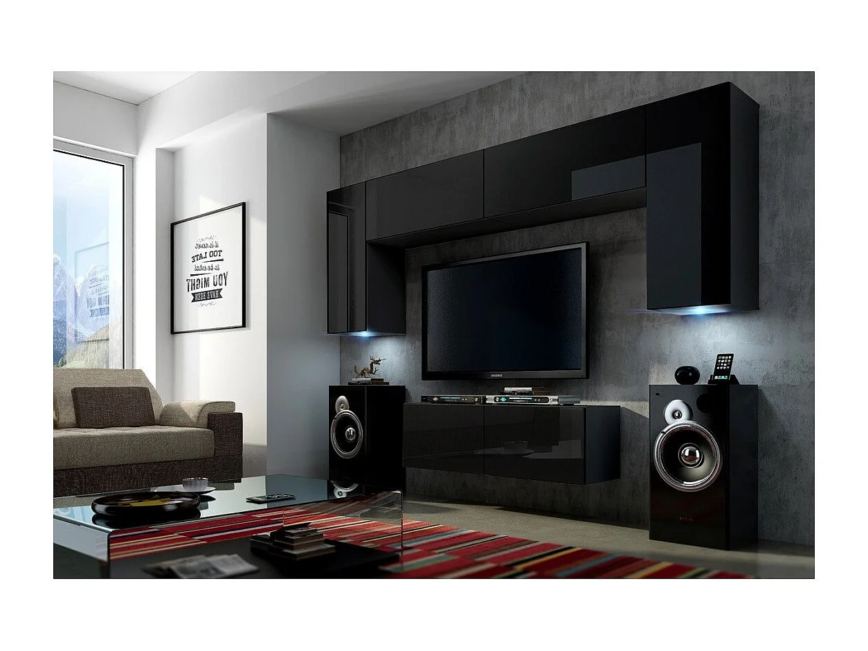 Zwarte zwevende woonkamer meubelset collectie CEPTO II 256cm, 6 deuren, 4 planken, ledverlichting, modulair.