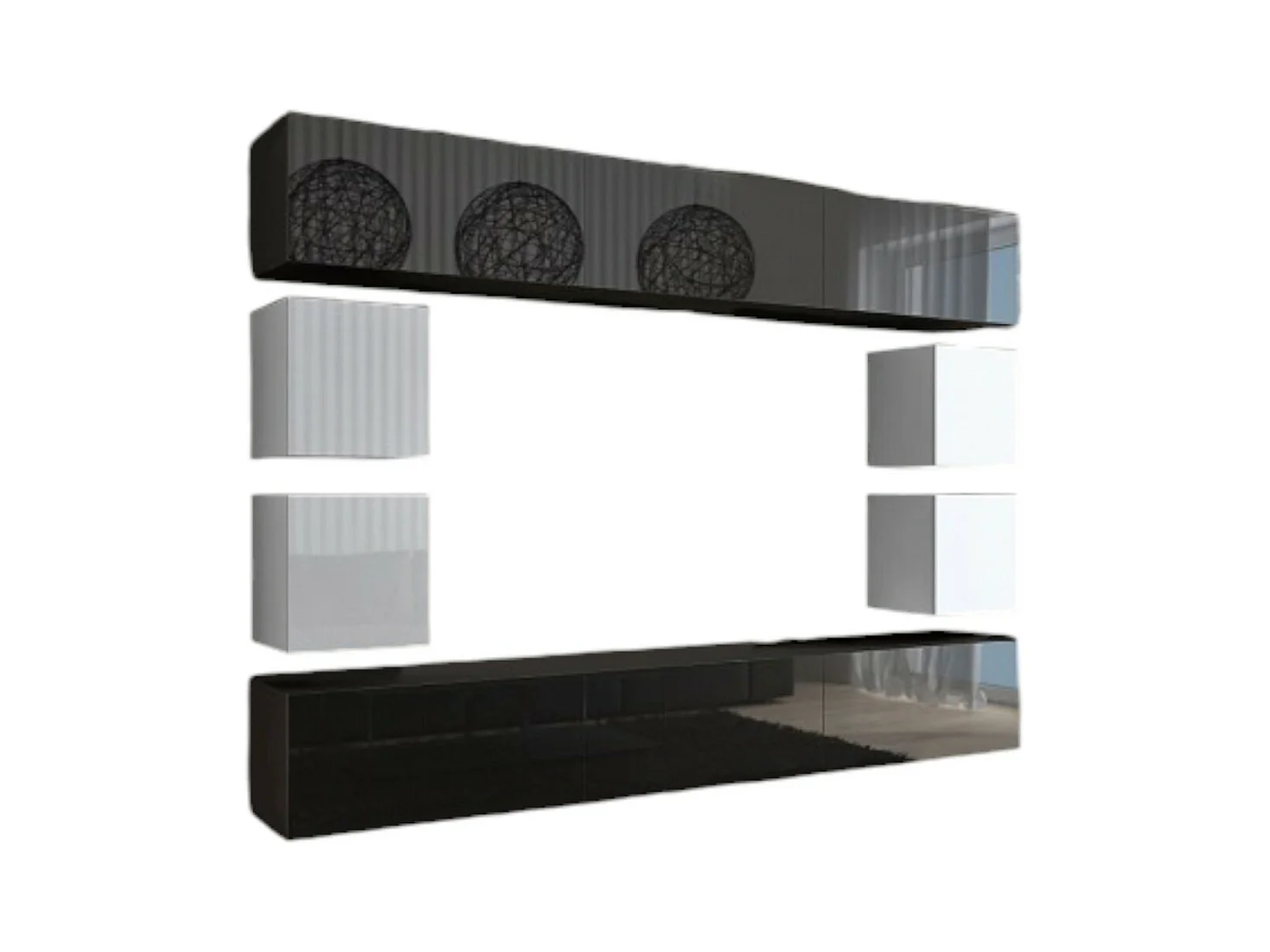 Ensemble de meubles de salon noir et blanc suspendus collection CEPTO XVII 249cm, 10 meubles, leds, modulables.