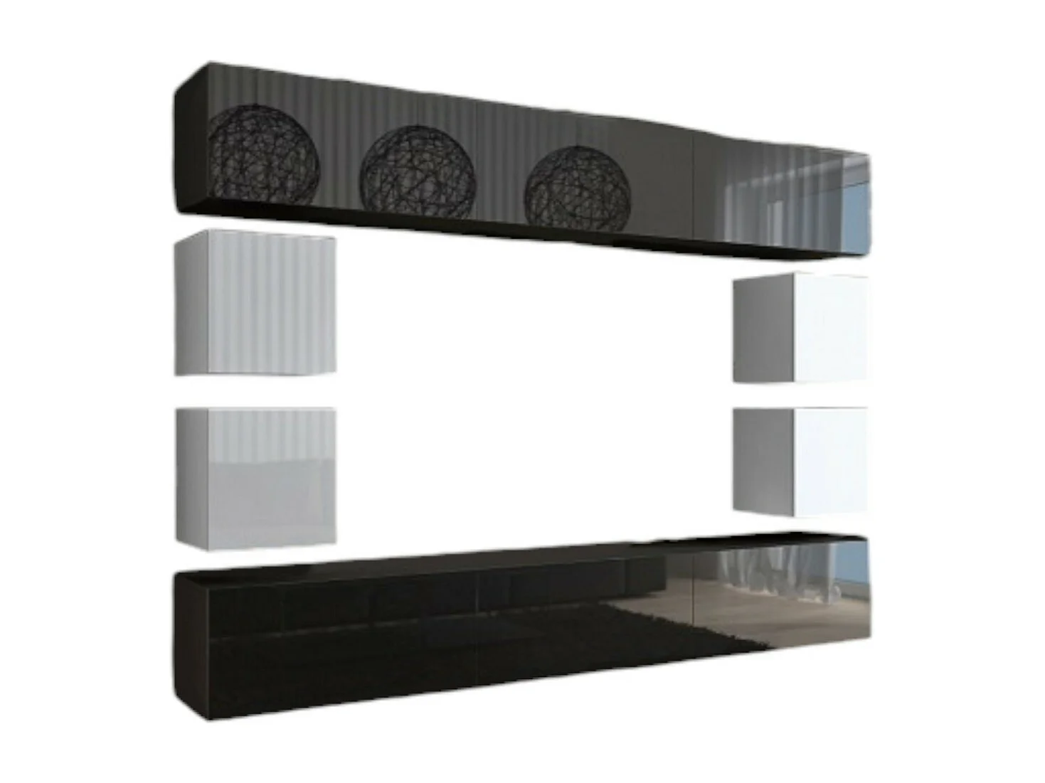 Zwarte en witte zwevende woonkamer meubelset, collectie CEPTO XVII 249cm, 10 stuks, ledverlichting, modulair.