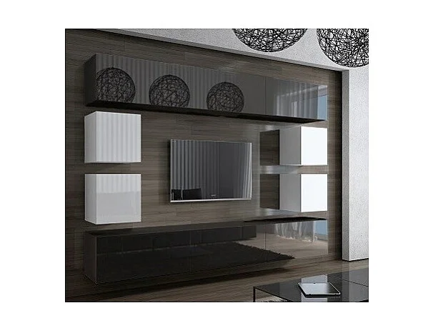 Zwarte en witte zwevende woonkamer meubelset, collectie CEPTO XVII 249cm, 10 stuks, ledverlichting, modulair.