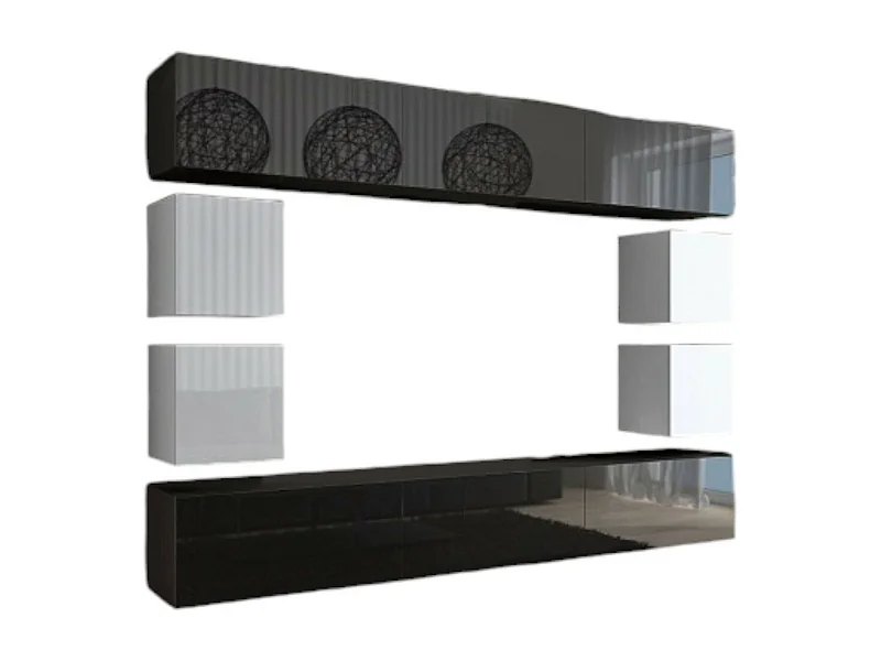 Zwarte en witte zwevende woonkamer meubelset, collectie CEPTO XVII 249cm, 10 stuks, ledverlichting, modulair.