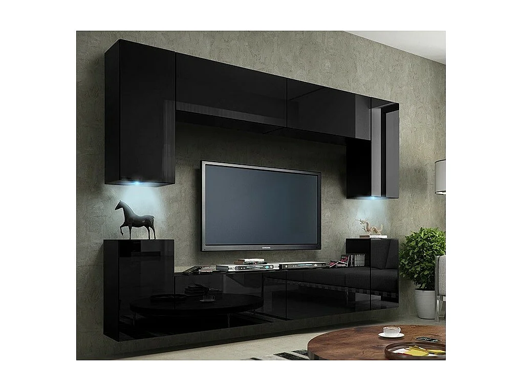 Schwarzes Wohnzimmermöbelset, hängende Kollektion CEPTO I, 256 cm, 8 Türen, 6 Regale, LEDs, modulierbar.