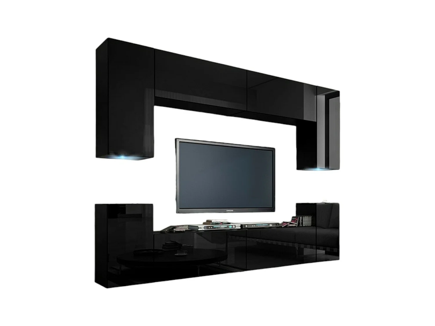 Ensemble de meubles de salon noir suspendus collection CEPTO I 256cm, 8 portes, 6 étagères, leds, modulables.