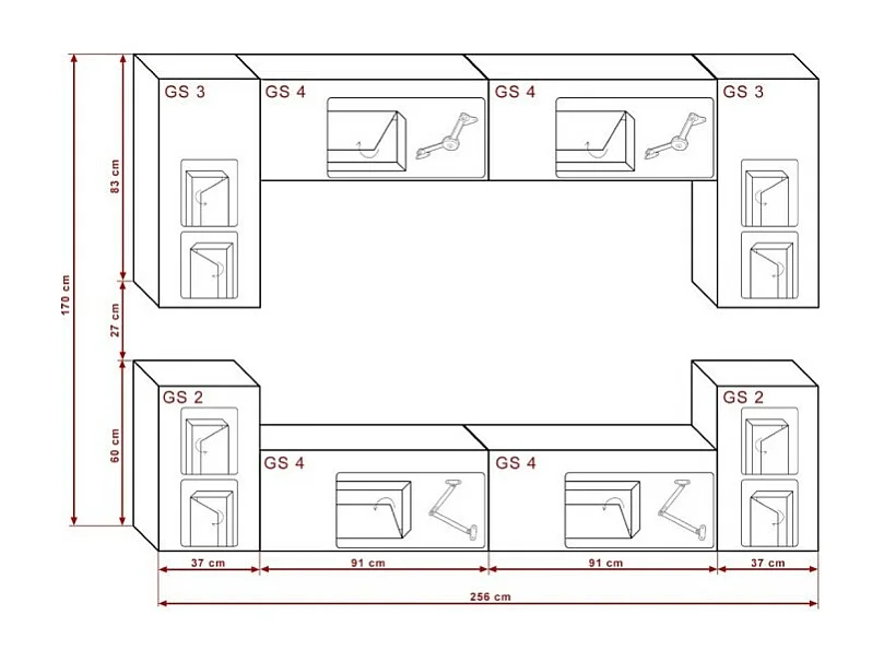 Zwarte hangende woonkamer meubelset uit de CEPTO I collectie, 256 cm, 8 deuren, 6 planken, ledverlichting, modulair.