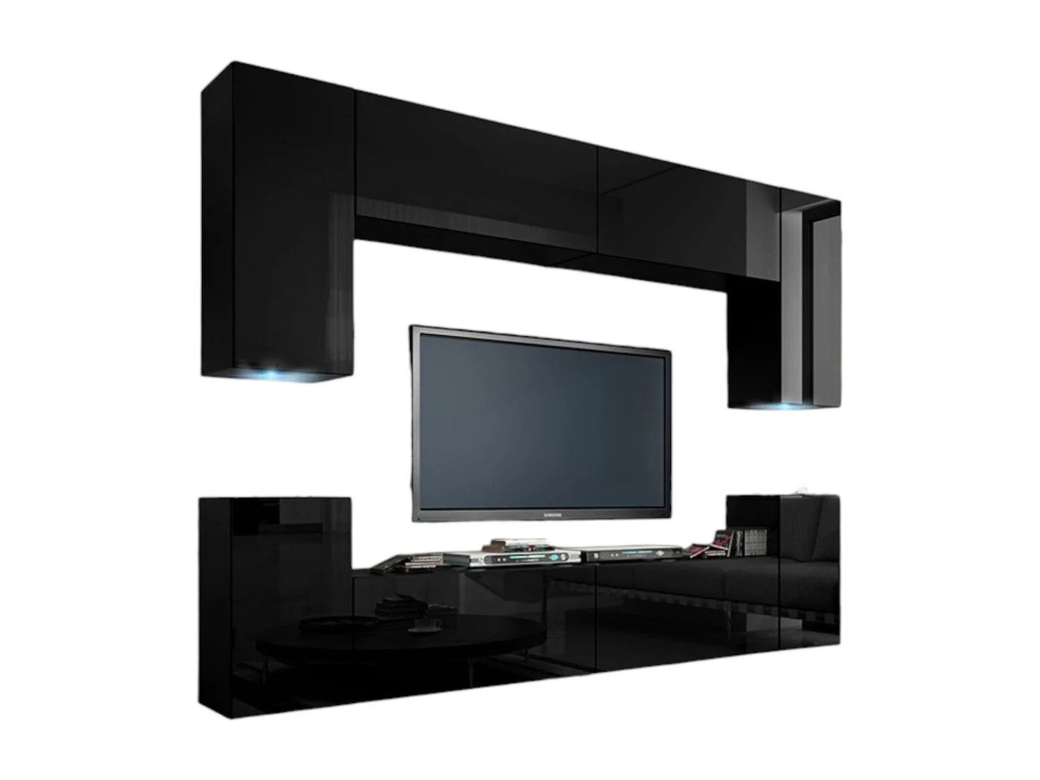 Ensemble de meubles de salon noir suspendus collection CEPTO I 256cm, 8 portes, 6 étagères, leds, modulables.