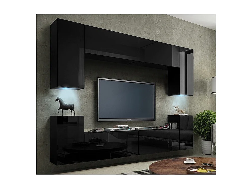 Ensemble de meubles de salon noir suspendus collection CEPTO I 256cm, 8 portes, 6 étagères, leds, modulables.
