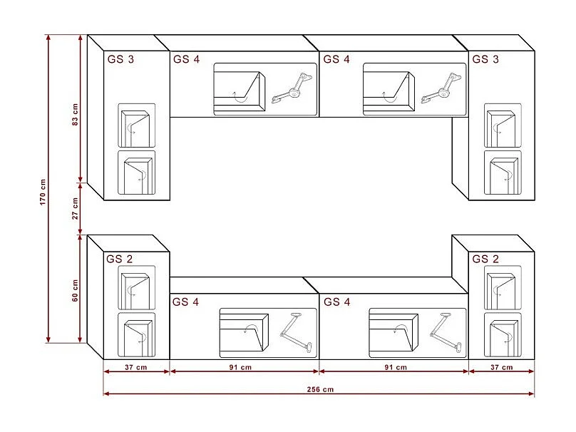 Ensemble de meubles de salon noir suspendus collection CEPTO I 256cm, 8 portes, 6 étagères, leds, modulables.