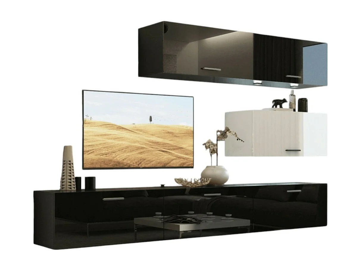 Ensemble de meubles de salon noir et blanc, suspendus collection CEPTO XXV. 249cm, 6 meubles, leds, modulables.