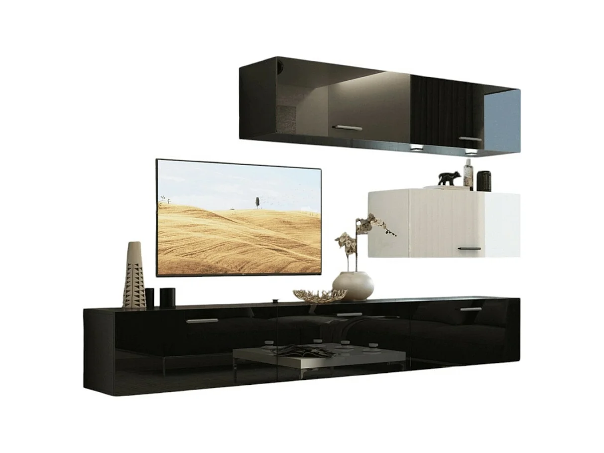 Woonkamermeubelset zwart en wit, hangend, collectie CEPTO XXV. 249cm, 6 meubels, leds, modulair.
