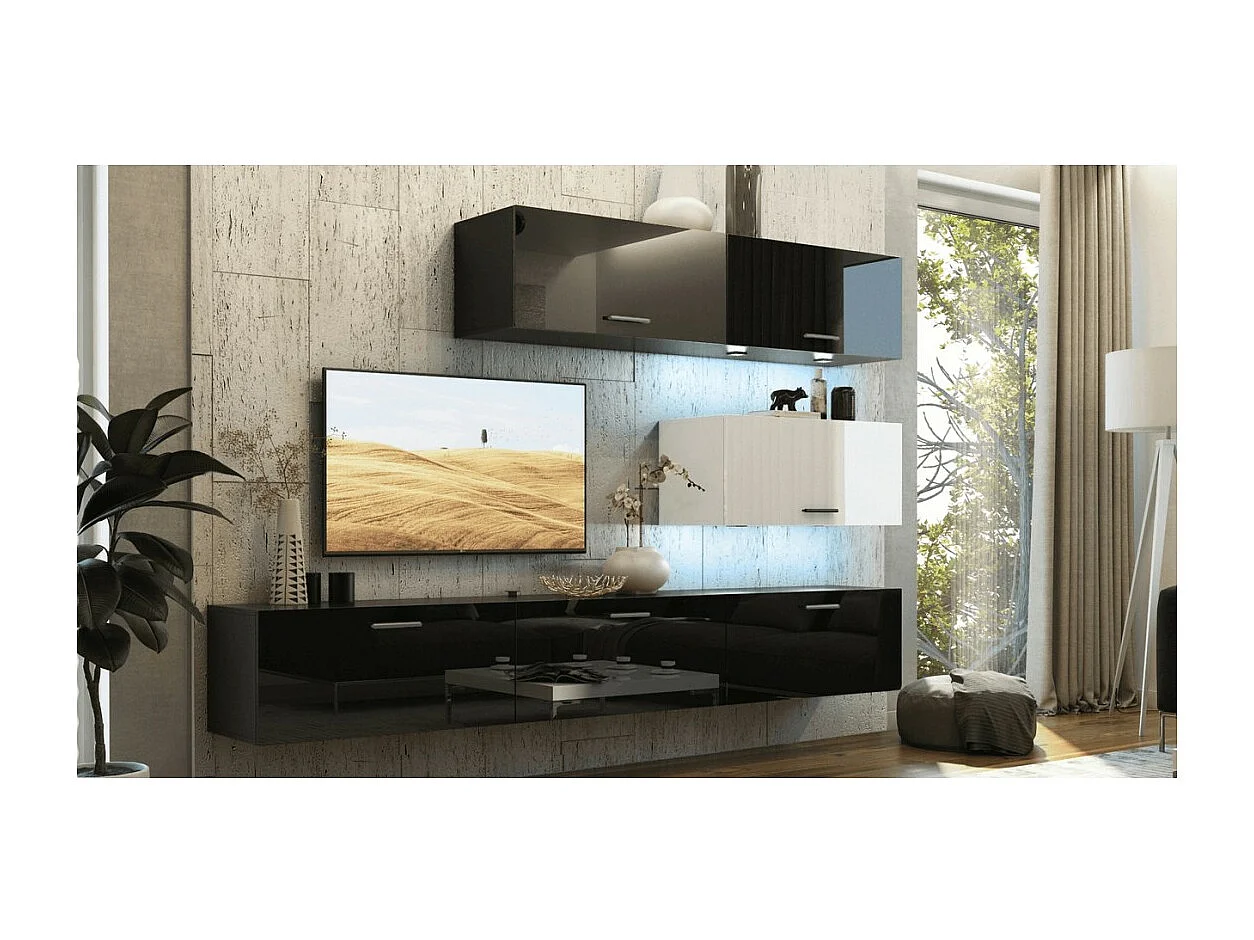 Woonkamermeubelset zwart en wit, hangend, collectie CEPTO XXV. 249cm, 6 meubels, leds, modulair.