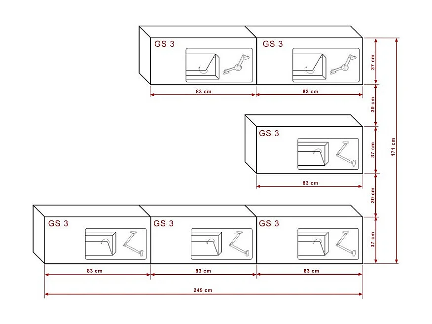Woonkamermeubelset zwart en wit, hangend, collectie CEPTO XXV. 249cm, 6 meubels, leds, modulair.