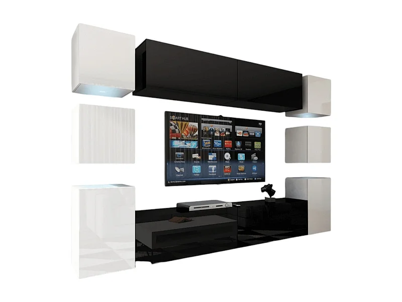 Conjunto de muebles de salón colgantes en negro para el centro, blanco para los lados, colección CEPTO XIV. 256cm, 10 muebles, leds.