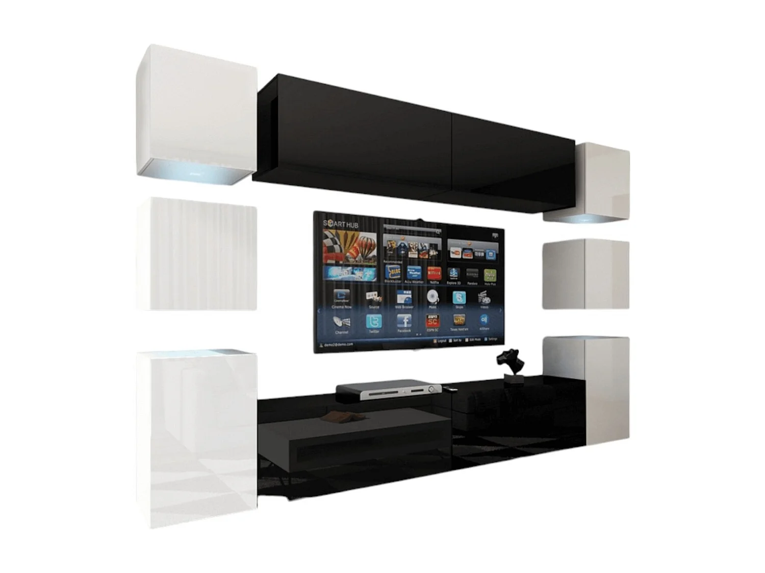 Ensemble meubles de salon suspendus milieu noir, côté blanc collection CEPTO XIV. 256cm, 10 meubles, leds.