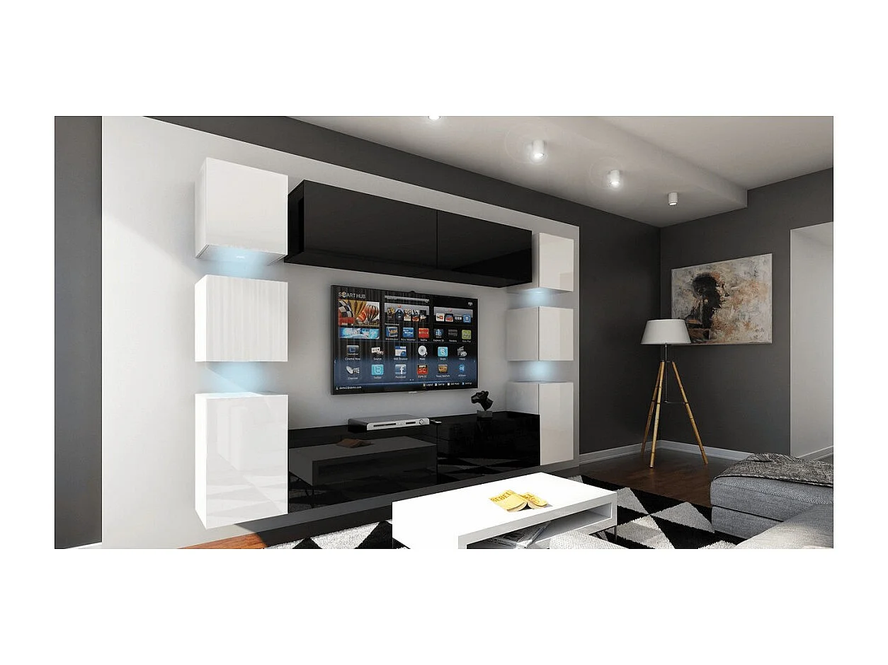 Ensemble meubles de salon suspendus milieu noir, côté blanc collection CEPTO XIV. 256cm, 10 meubles, leds.