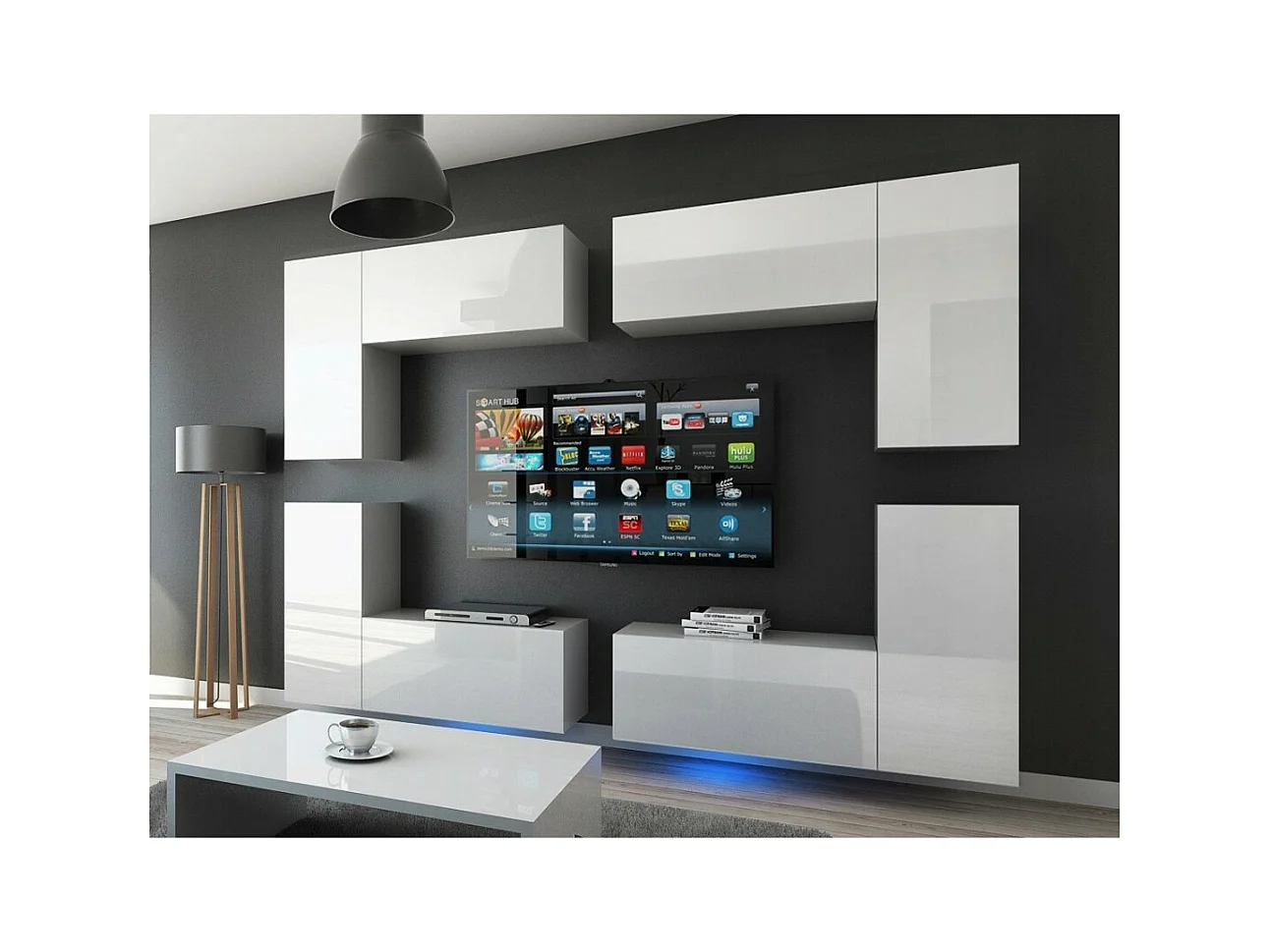 Ensemble de meubles de salon blanc suspendus collection CEPTO XX 276cm, 8 meubles, leds, modulables.